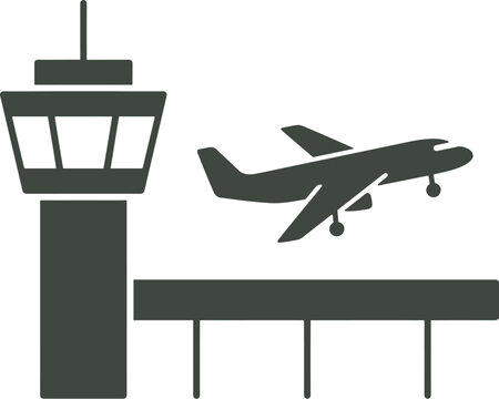 Airplane silhouette taking off near airport control tower and jetway for travel and transportation