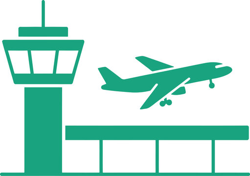 Green airport control tower with plane taking off for travel and transportation icons