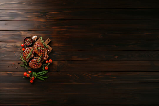 Assortiment de viandes grill&eacute;es et l&eacute;gumes sur planche en bois rustique, fond en bois sombre avec espace n&eacute;gatif copyspace, visuel gourmand pour barbecue, grillade, steakhouse, boucherie et restaurant