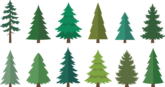 Flat Pine Tree Icon Collection with Evergreen Forest Symbols for Nature Travel Environmentally Conscious Sustainable Branding and Outdoor Adventure Graphic Design Projects