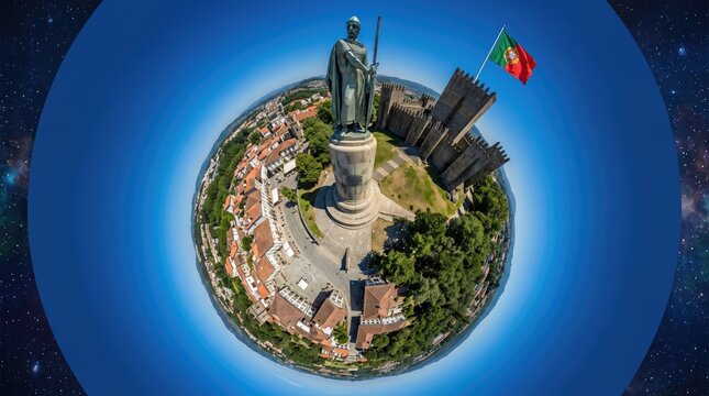 Pano-visual of Guimar&atilde;es Castle and statue of Afonso Henriques with Portuguese flag, framed by space