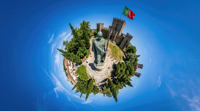 Tiny Planet view of a statue and castle with Portuguese flag