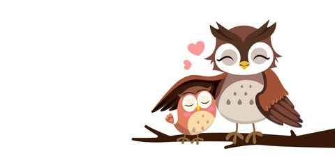 Fototapeta premium Adorable owl parent and baby sitting on tree branch with heart symbols, cute cartoon bird family vector illustration isolated on white