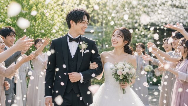 紙吹雪の花道を歩く新郎新婦