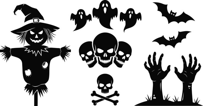 Creepy halloween elements ghosts skulls bats scarecrow