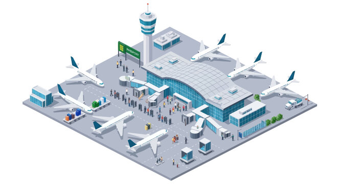 Isometric illustration of a modern airport terminal with airplanes, control tower, and passengers, showcasing air travel infrastructure and operations.