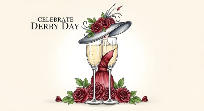 Celebrate derby day illustration with champagne flutes, roses, and elegant woman in hat