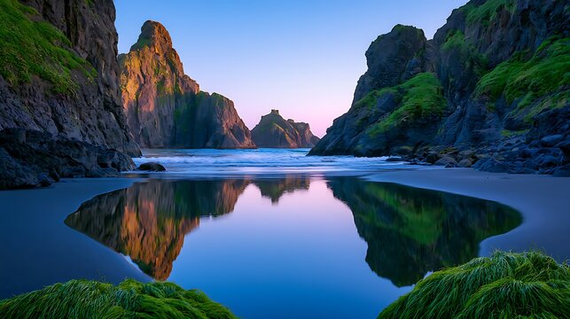 Sunset at smugglers cove with rocky emerald cliffs and tide pool