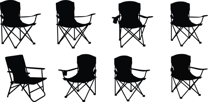 Eight black silhouettes of folding camping chairs on white background