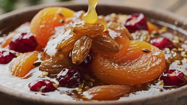Delicious Dried Fruit Compote with Syrup and Nuts on a Plate.