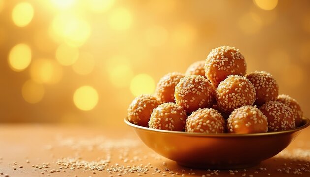 Sesame seed balls piled in golden bowl against blurred festive lights. Sweet round snacks, Indian dessert balls fried with sesame, perfect for celebrations.