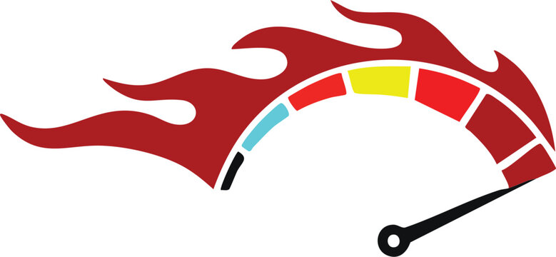 Speedometer with flames indicating high performance and speed perfect for automotive or technology concepts