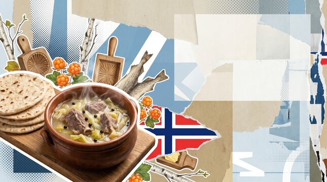 Collage of Norwegian food, culture, and nature elements