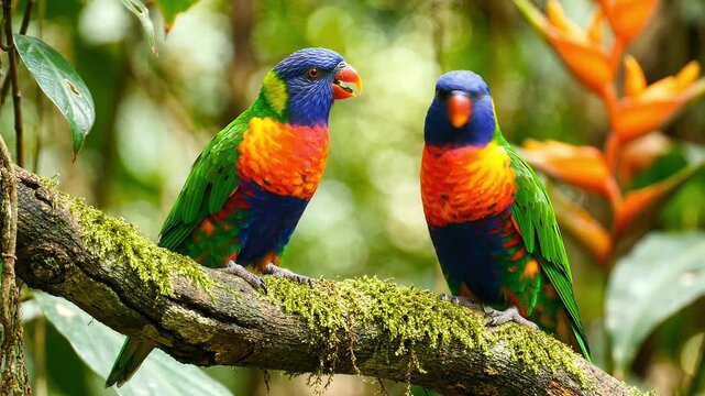 Colorful parrots perched on moss-covered branch in tropical forest