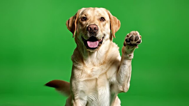 Happy Labrador Dog Waving Paw on Green Screen Background.