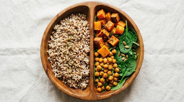 Healthy balanced meal prep farro roasted sweet potato chickpeas and spinach