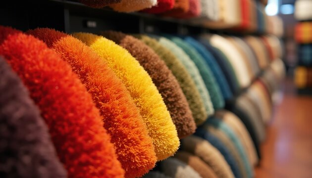 Rows of vibrant carpet samples in various colors and textures on a display rack. A selection of home flooring options for interior design choices. Different materials and shades for home decor needs.