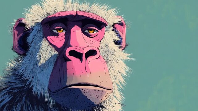 A contemplative baboon portrait with soft fur and pink facial features, exuding a sense of profoundness against a tranquil backdrop.