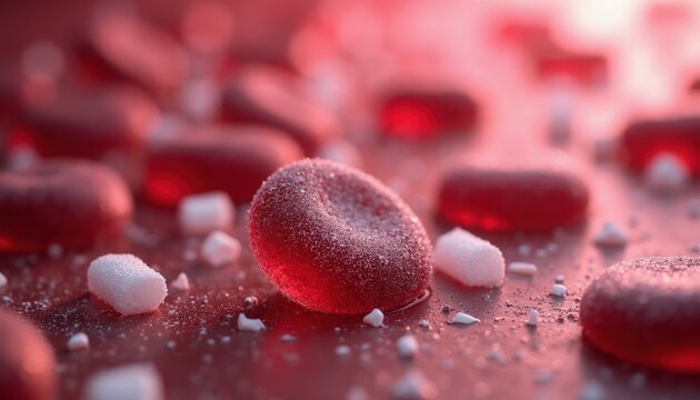 Red blood cells with sugar crystals symbolize high blood sugar levels. Microscopic view of erythrocytes and glucose molecules suggests health and disease concepts.
