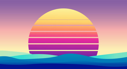 Retro sunset over stylized ocean waves with vibrant gradient sky and striped sun © Volodymyr Hankevych