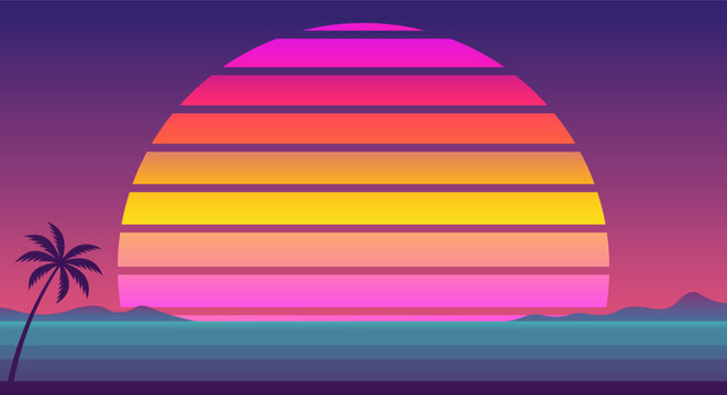 Retro sunset over ocean with palm tree and vibrant striped sun