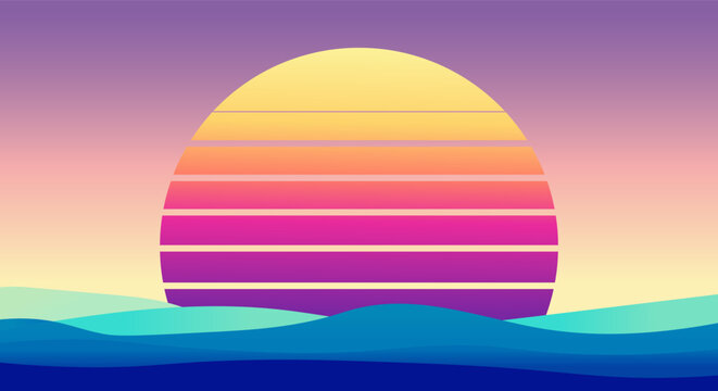 Retro sunset over stylized ocean waves with vibrant gradient sky and striped sun