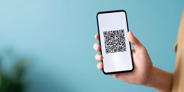 Hand holding smartphone with QR code