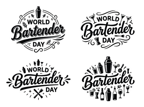 World bartender day logos and icons with cocktail glasses and shakers