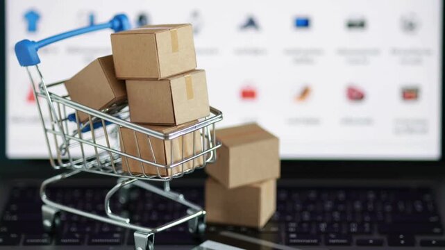 Mini Shopping Cart with Cardboard Boxes on Laptop Keyboard for Online Shopping