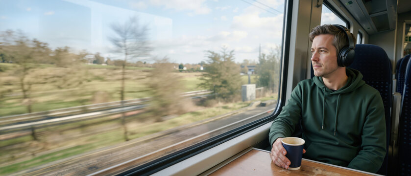 Man listening to a podcast with headphones on a train. Male passenger looking out the window while holding a coffee cup. Commuting and travel lifestyle. Copy space on the left