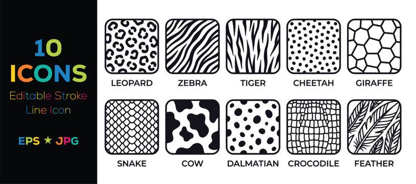 Black and white animal pattern icons set of ten