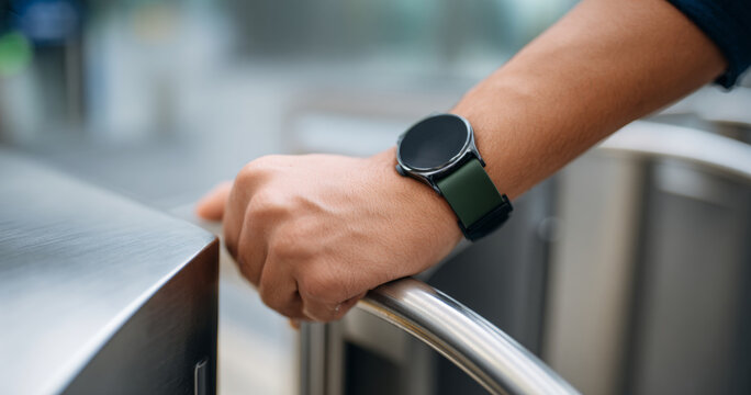 Hand with smartwatch holding metal railing