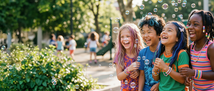 Four diverse children laughing and playing with soap bubbles in a park. Happy multi-ethnic kids enjoying summer outdoors. Wide banner with copy space for text