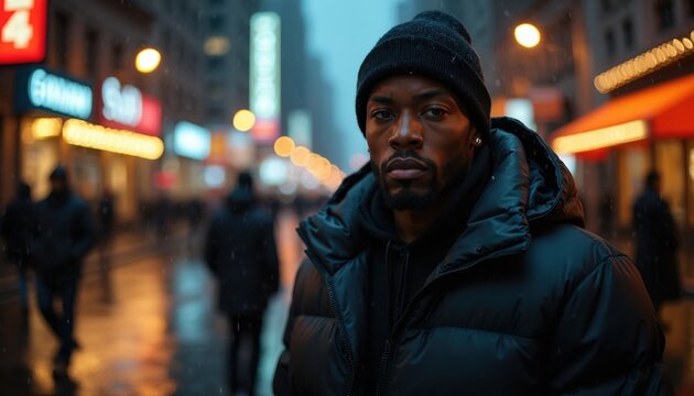 Man in black puffer jacket and beanie stands on wet city street at night. Blurred lights and people in background, rain falls. Urban style, serious look.