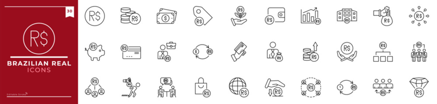 Brazillian Real, Outline icons collection. Simple vector illustration. compliance, fairness, integrity, loyalty, trust, equality, honesty, governance and more