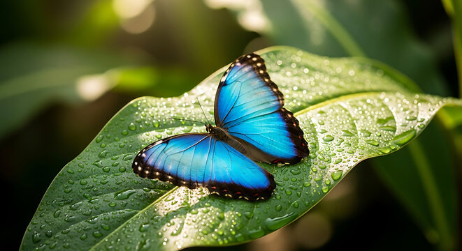 Vibrant Blue Morpho Butterfly Resting on a Green Leaf with Raindrops in Tropical Forest