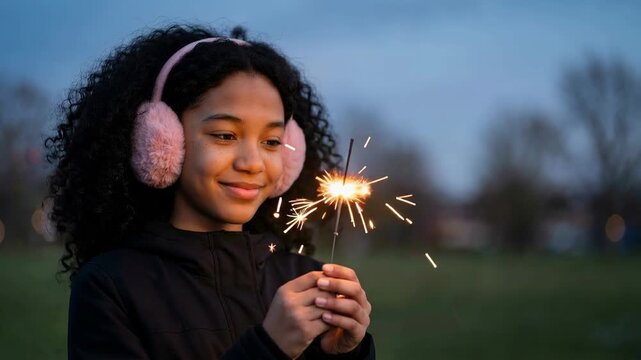 Girl wearing earmuffs holding a burning sparkler at dusk. Happy child celebrating outdoors in winter. Holiday celebration and childhood wonder concept