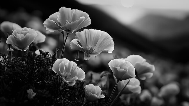 California poppy field during superbloom in black and white
