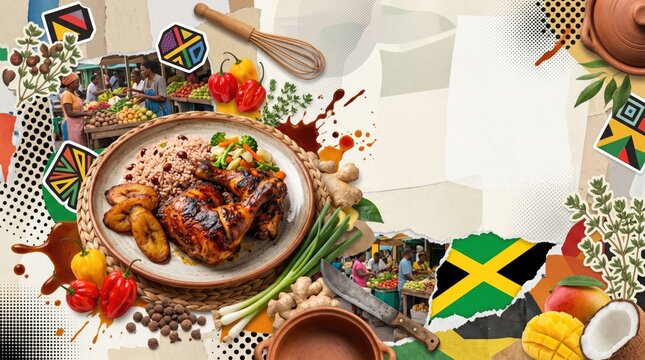 Jamaican food and culture collage with jerk chicken, rice and peas, and market scene