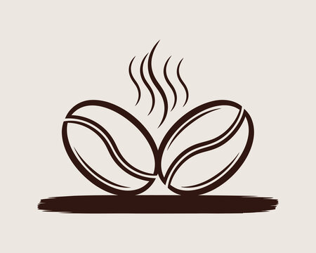 Two roasted coffee beans with steam energy boost hot drink