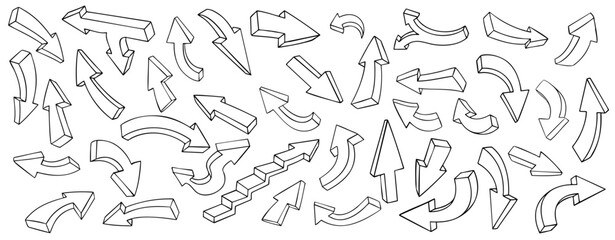 Fototapeta premium Hand Drawn 3D Isometric Arrows Collection - Black Outline Directional Pointers on White Background
