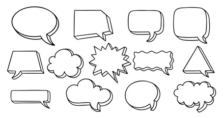 Fototapeta premium Hand Drawn 3D Outline Speech Bubbles Collection - Sketchy Text Boxes, Thought Clouds and Comic Shapes on White Background