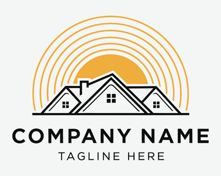 Sun and house roofline logo with company name, real estate