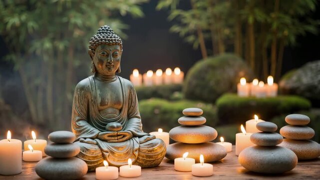 Buddha statue with zen stones and flickering candles. Spiritual garden setting for meditation and mindfulness. Tranquility and wellness concept