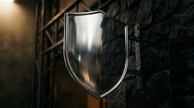 Polished Silver Shield Wall Sign, A mirror-finish metallic heater shield mounted on a wrought iron bracket against an old stone building wall in low lighting.