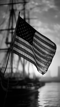 American flag waving on the USS Constitution with masts in background