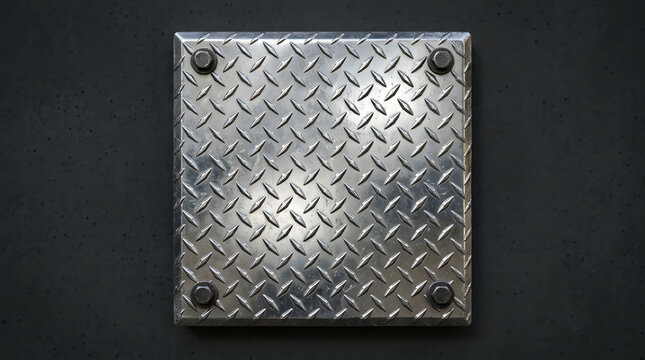 Industrial Silver Diamond Plate Sign, A square metallic tread plate with four heavy-duty bolts mounted on a dark textured wall, perfect for industrial or construction themes.