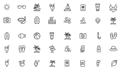 Summer Vacation and Beach Icon Set. Outline vector illustration featuring travel, tourism, resort, holiday, tropical island, sunglasses, palm, cocktail, sunset, leisure, and more, © Senoara Studio