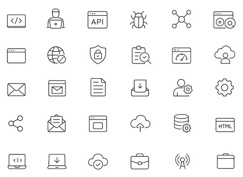 Web Development Icon Set: Vector illustration of coding, programmer, API, bug fix, app flow, node connect, web coder, software, website, network, security, testing, optimization