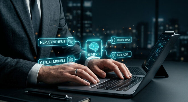 Software Developer Managing Autonomous AI Agents with NLP Synthesis and Generative AI Logic Workflow